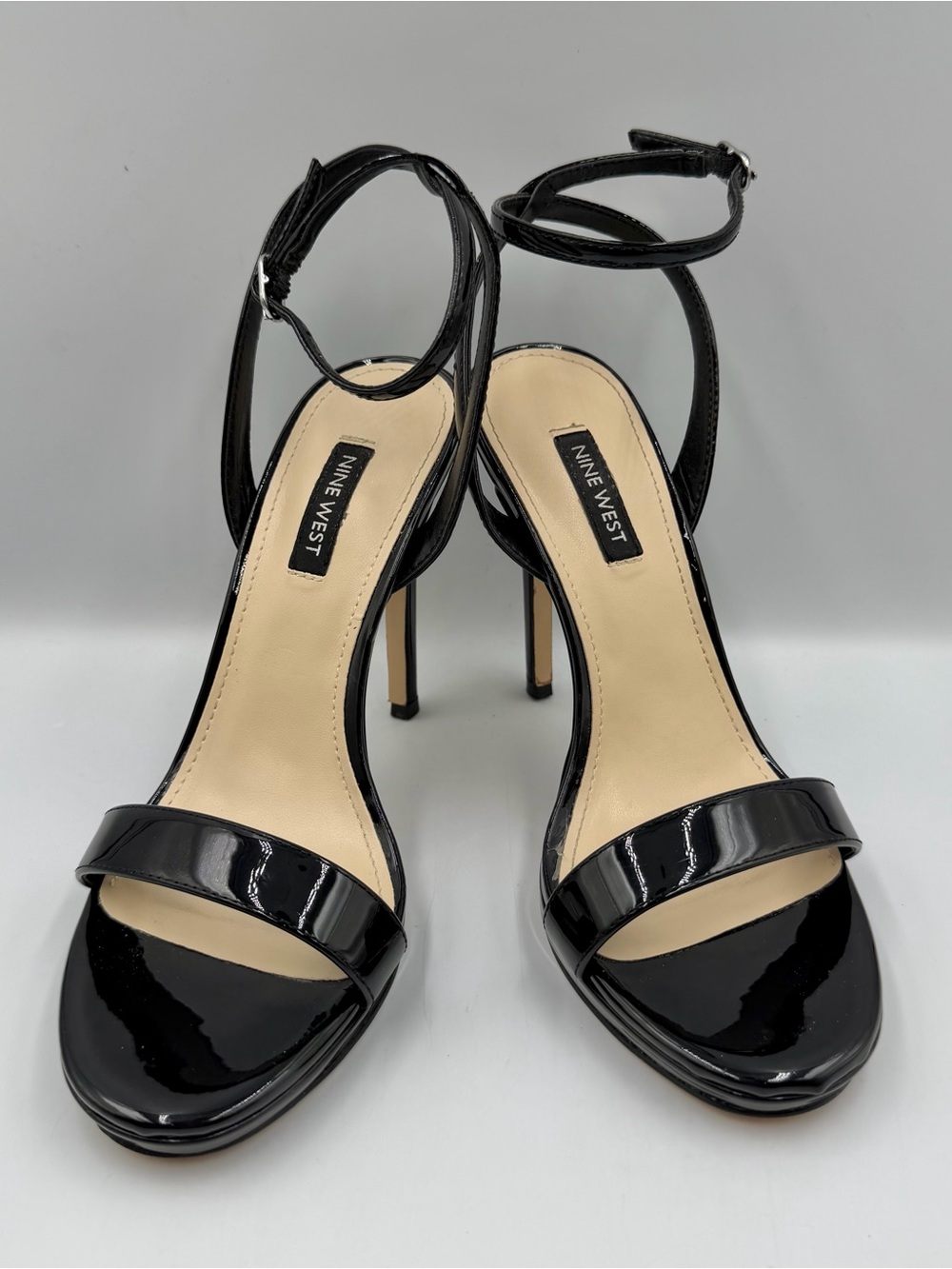 Nine West Loola3 Black Stiletto Heel Strappy Womens 7M Ankle Strap Faux Patent